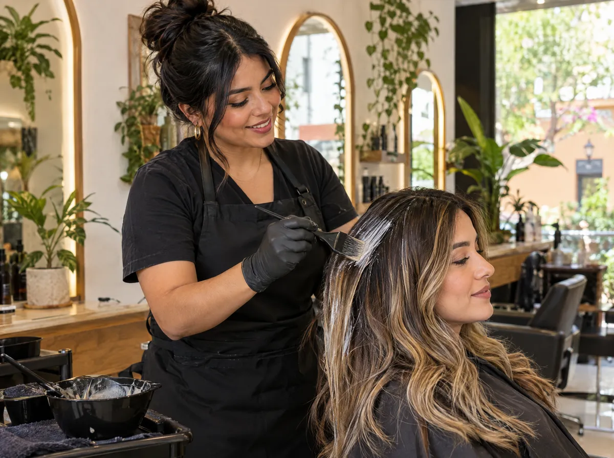 Colorista aplicando balayage a una clienta en un salón de belleza