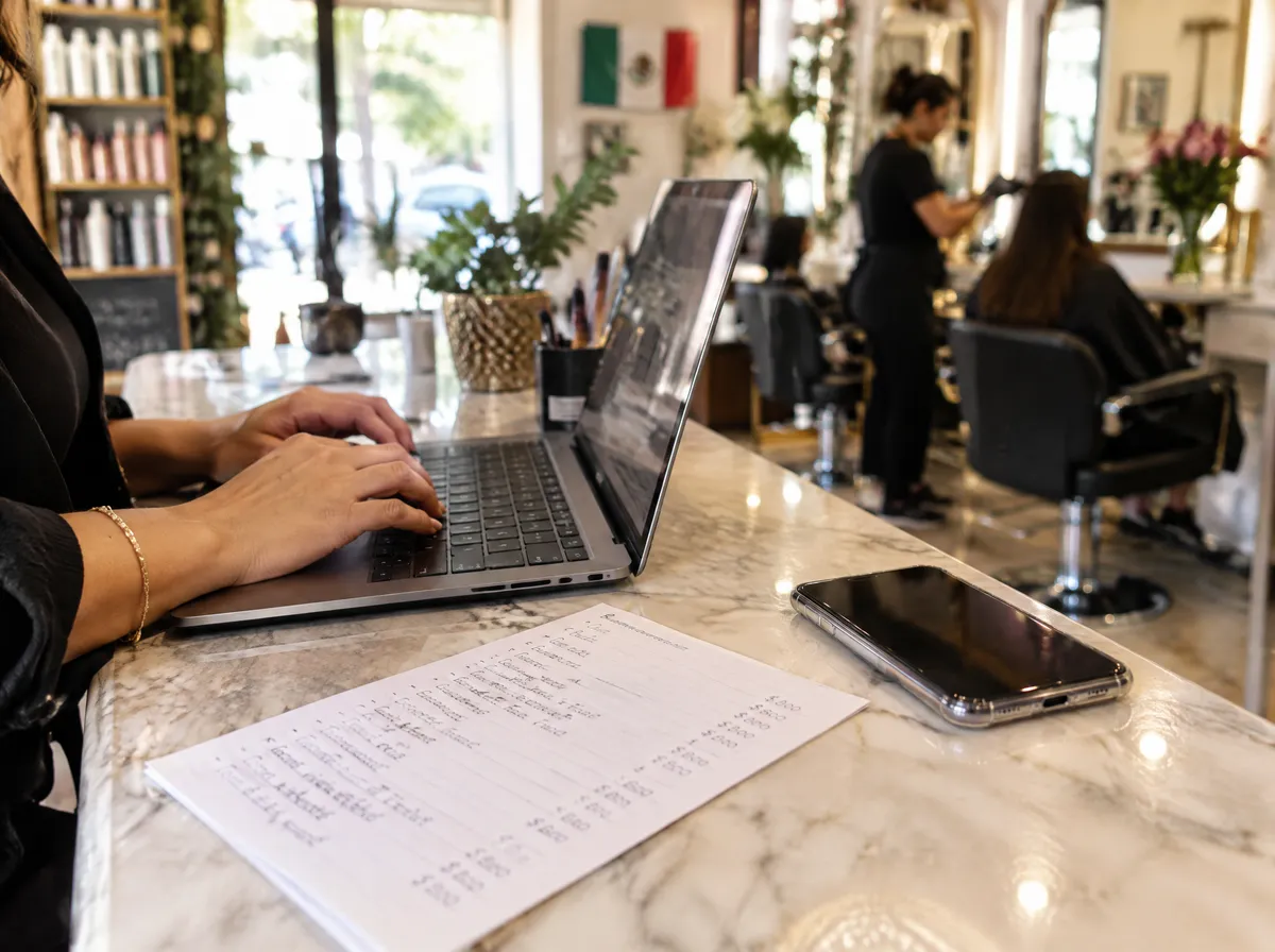 Manos escribiendo en una laptop junto a una lista de servicios y precios escrita a mano