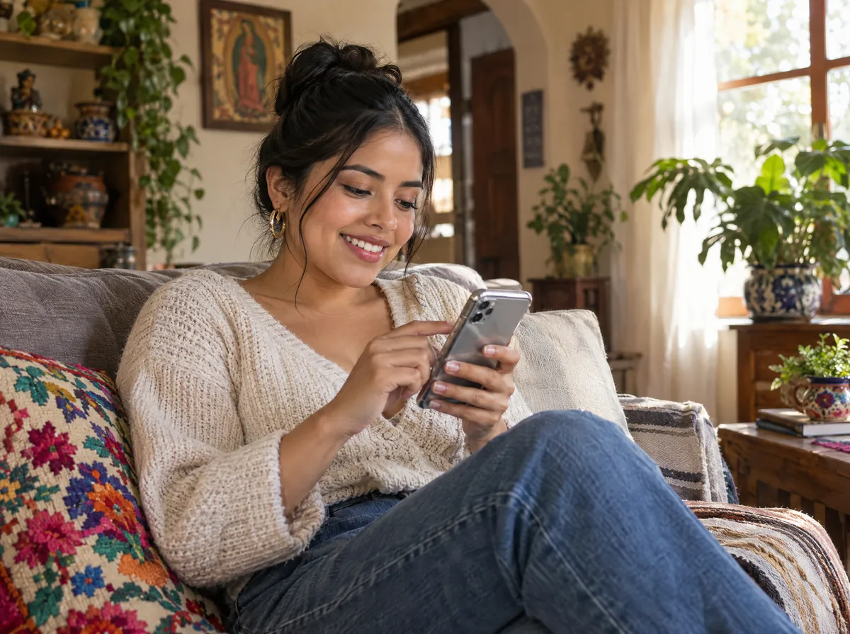 Mujer joven sonriendo en el sillón de su casa mientras agenda una cita desde su celular