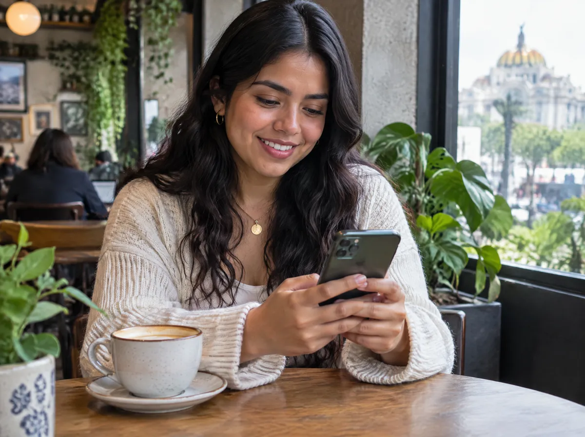 Clienta leyendo en su celular el recordatorio de su cita mientras toma un café