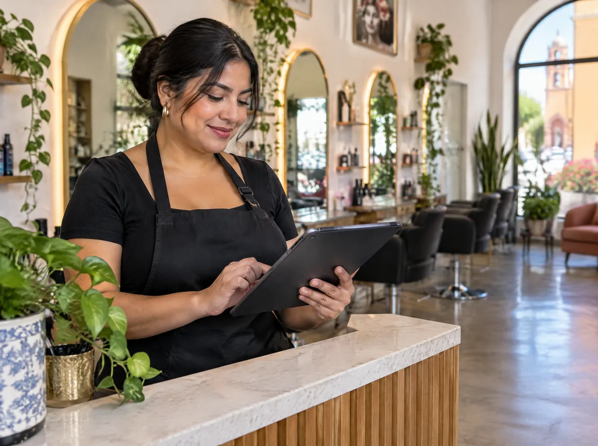 Dueña de un salón revisando su agenda en una tablet en el mostrador
