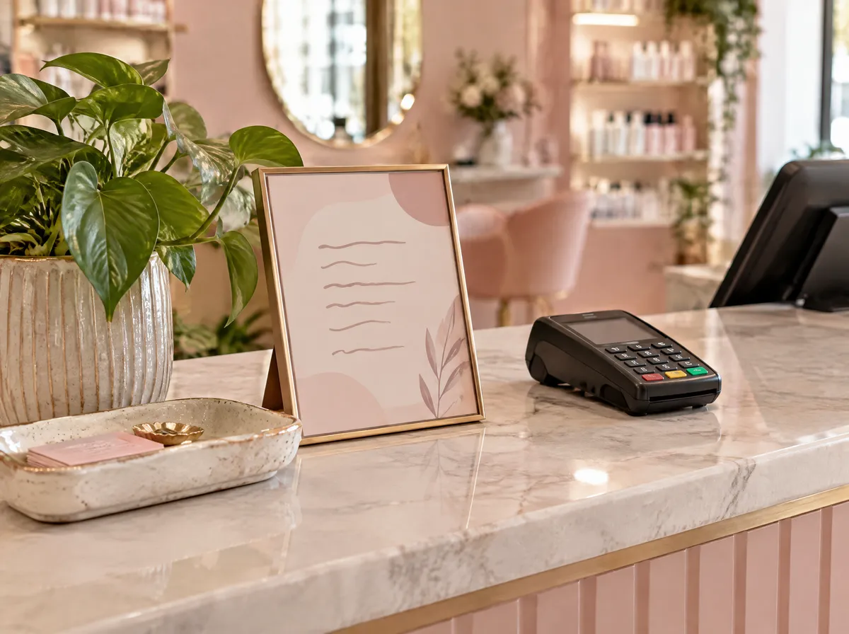 Mostrador de un salón de belleza con un pequeño cartel enmarcado junto a una planta y una terminal de pago
