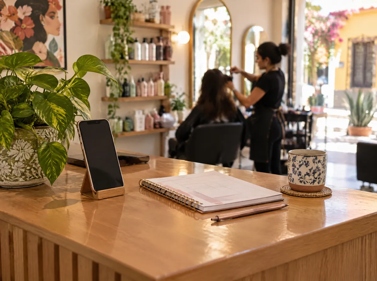 Celular del salón en su base sobre el mostrador de recepción, junto a una agenda y una planta