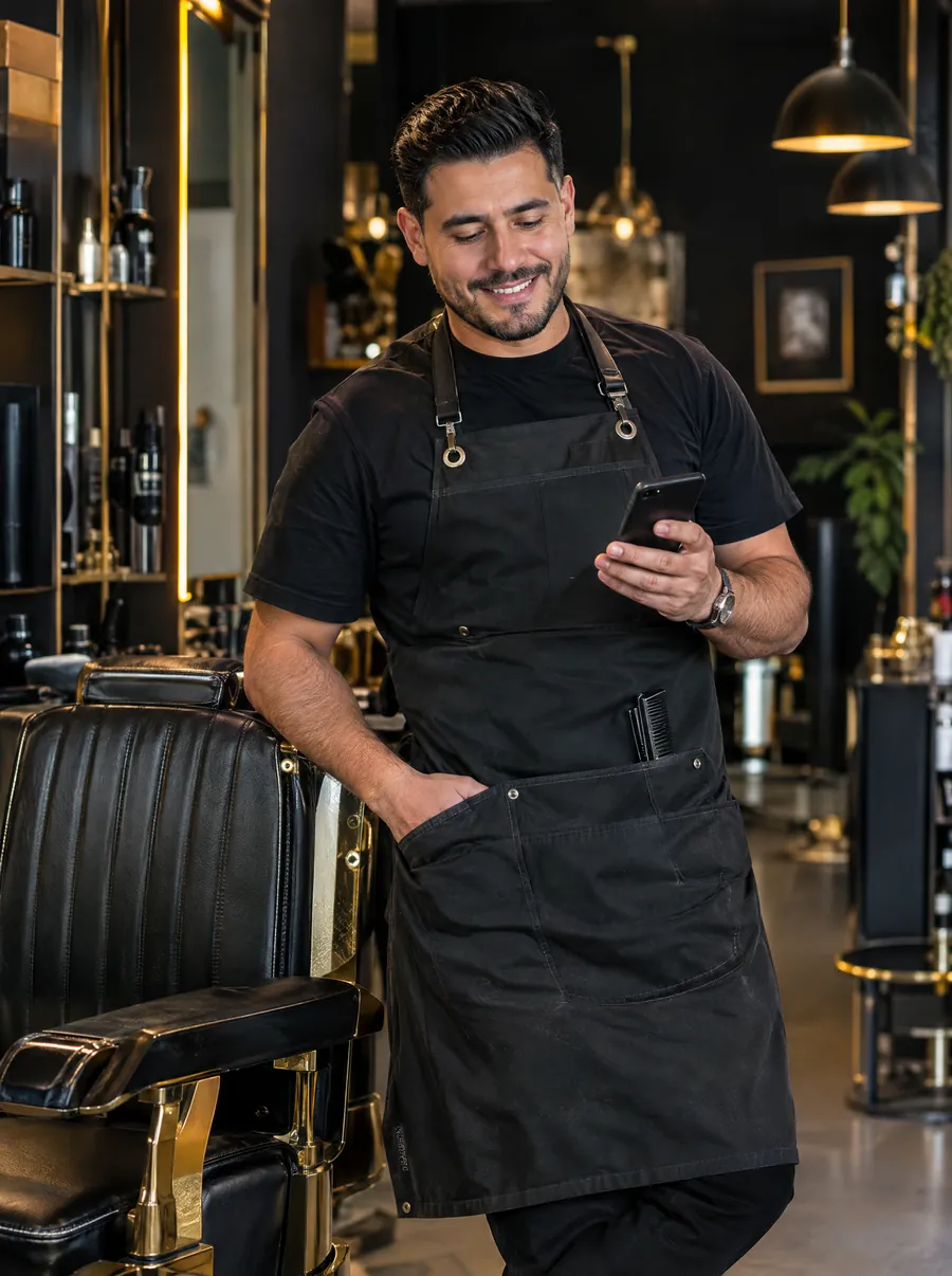 Barbero sonriendo mientras revisa su agenda en el celular