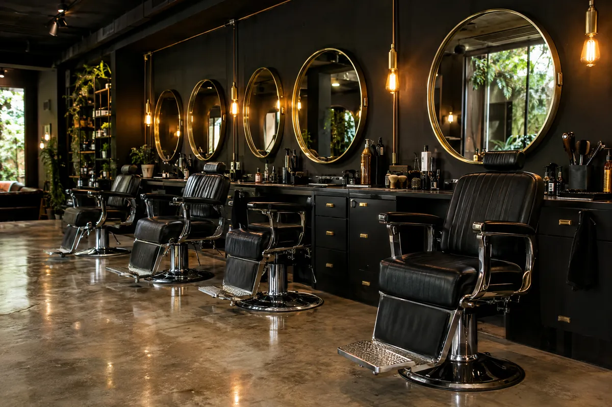 Interior de una barbería con sillas de piel negra y espejos con marco dorado