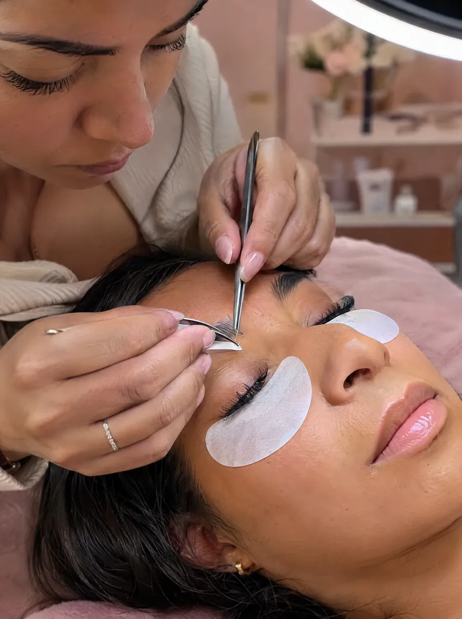 Especialista colocando extensiones de pestañas