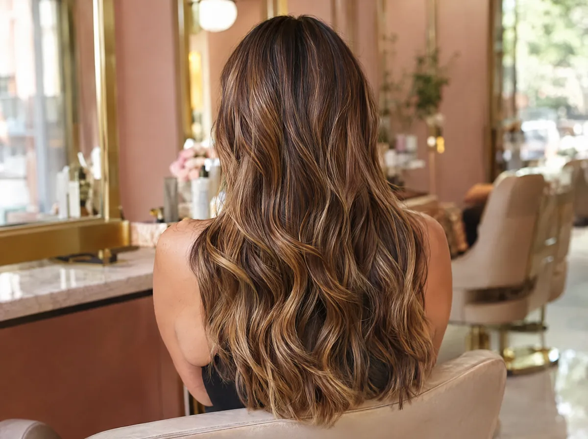 Balayage en tonos caramelo sobre cabello largo y ondulado