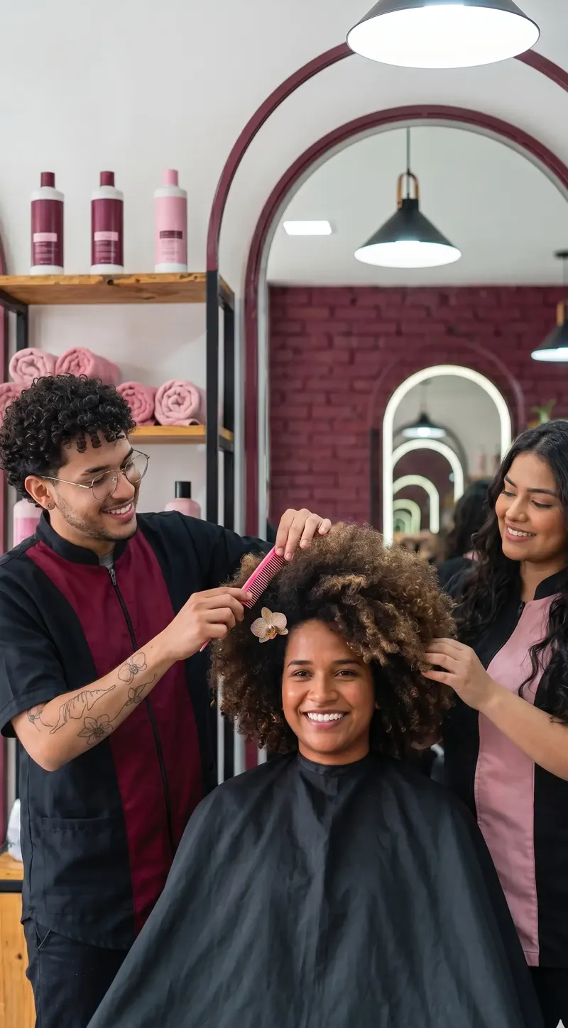 Dos estilistas de una peluquería peinando a una clienta de cabello rizado