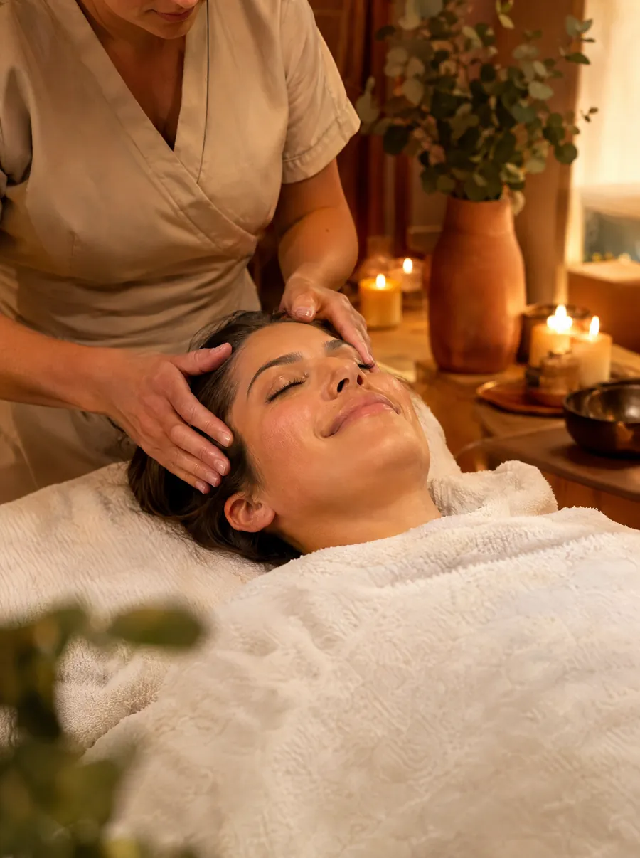 Terapeuta dando un masaje facial y de cuero cabelludo
