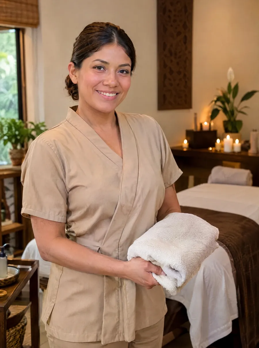 Terapeuta de un spa en su cabina con una toalla en las manos