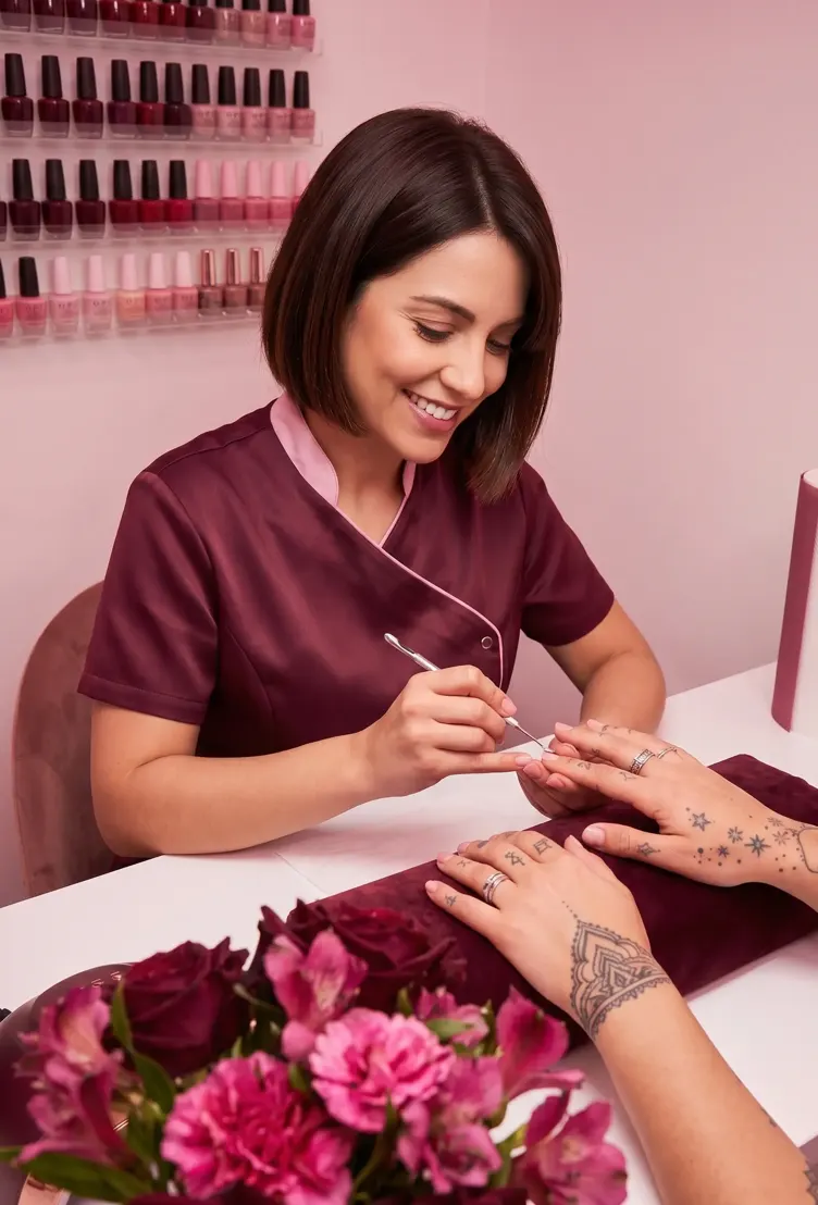 Manicurista de un salón de uñas aplicando esmalte a una clienta